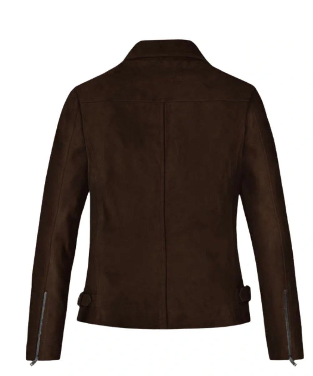 Women's Suede Biker Leather Bomber Jacket Dark Brown 