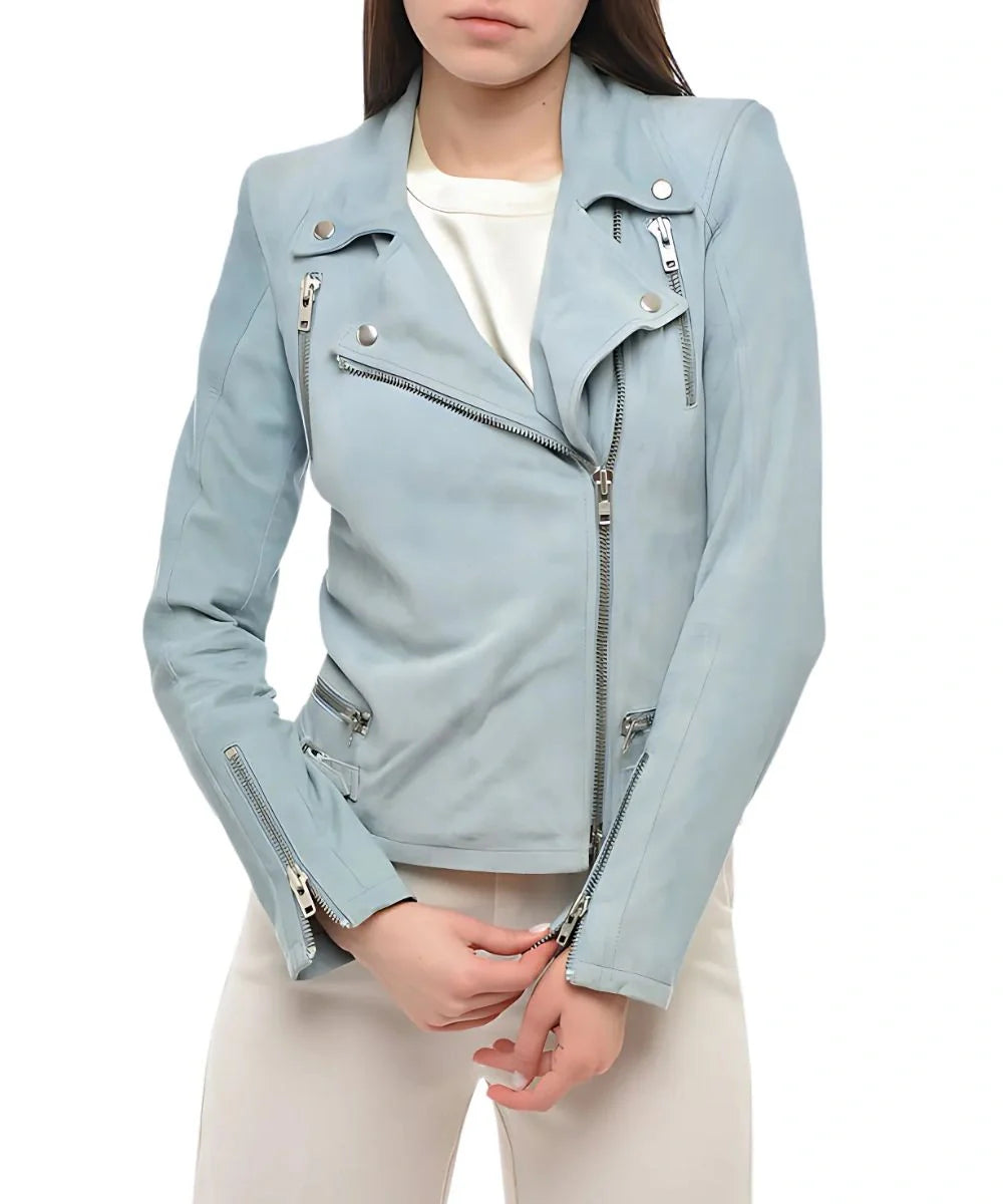 Womens Biker Suede Leather Bomber Jacket Light Blue