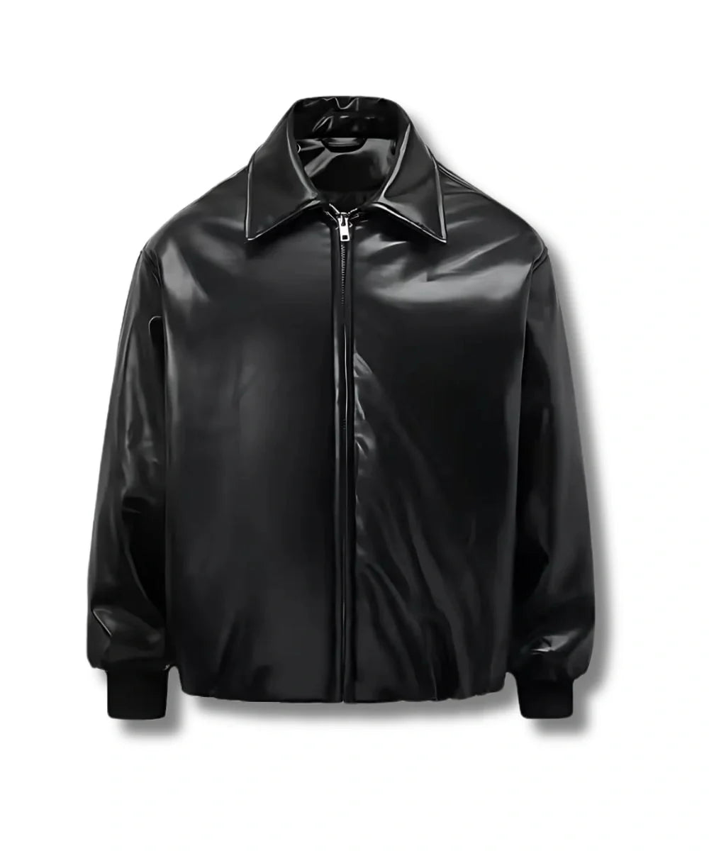 Womens Black Oversized Leather Bomber Jacket