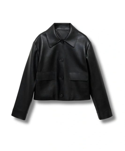 Womens Black Plain Biker Leather Bomber Jacket