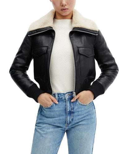 Womens Black Sherpa Lined Shearling Leather Flight Bomber Jacket