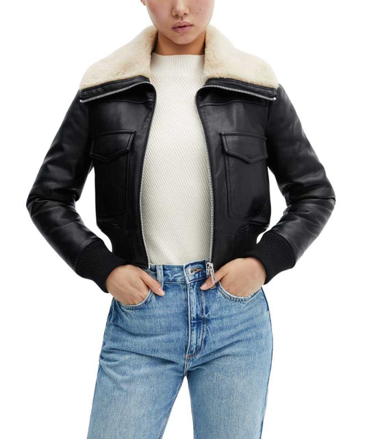 Womens Black Sherpa Lined Shearling Leather Flight Bomber Jacket