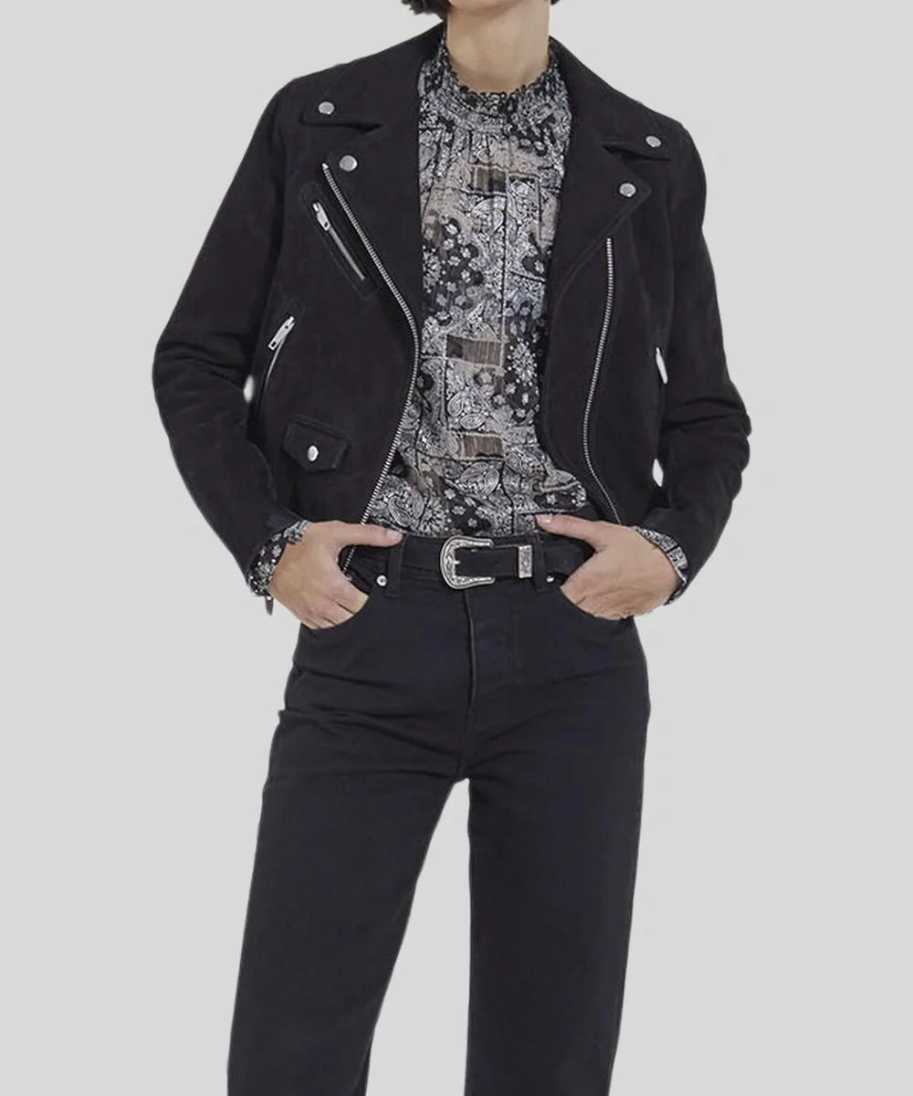 Womens Black Suede Biker Leather Bomber Jacket