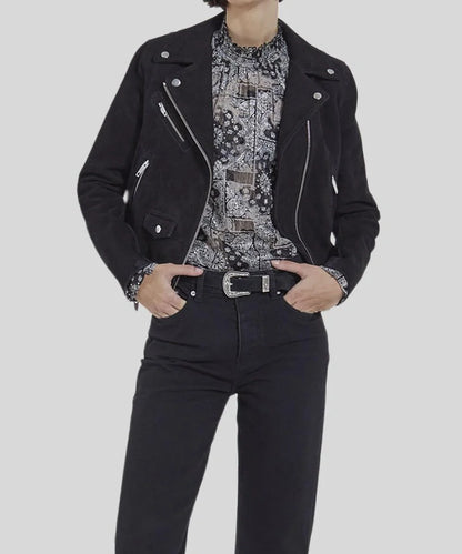 Womens Black Suede Biker Leather Bomber Jacket
