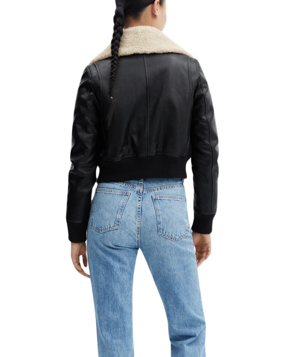 Womens Sherpa Lined Shearling Leather Flight Bomber Jacket Black 