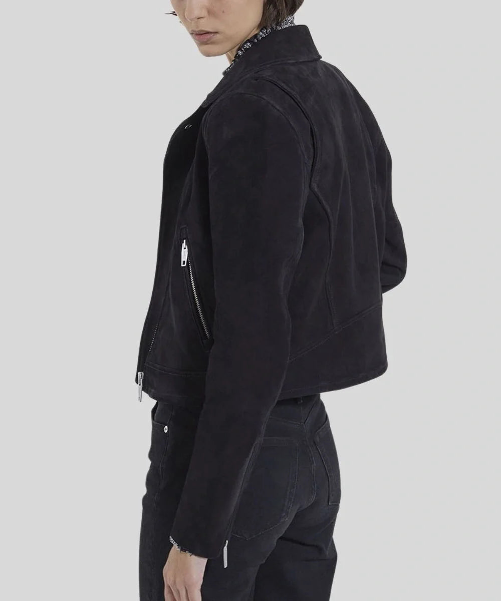 Womens Suede Biker Black Leather Bomber Jacket 