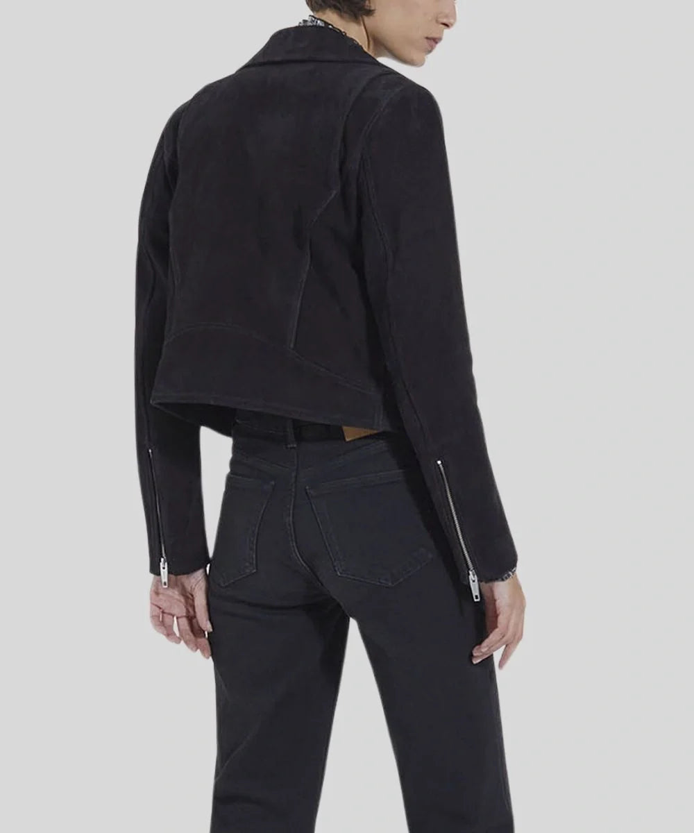 Womens Suede Biker Leather Bomber Jacket Black 