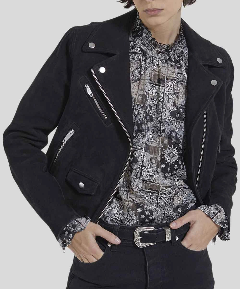 Womens Suede Black Biker Leather Bomber Jacket 