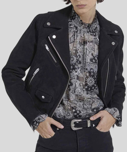 Womens Suede Black Biker Leather Bomber Jacket 
