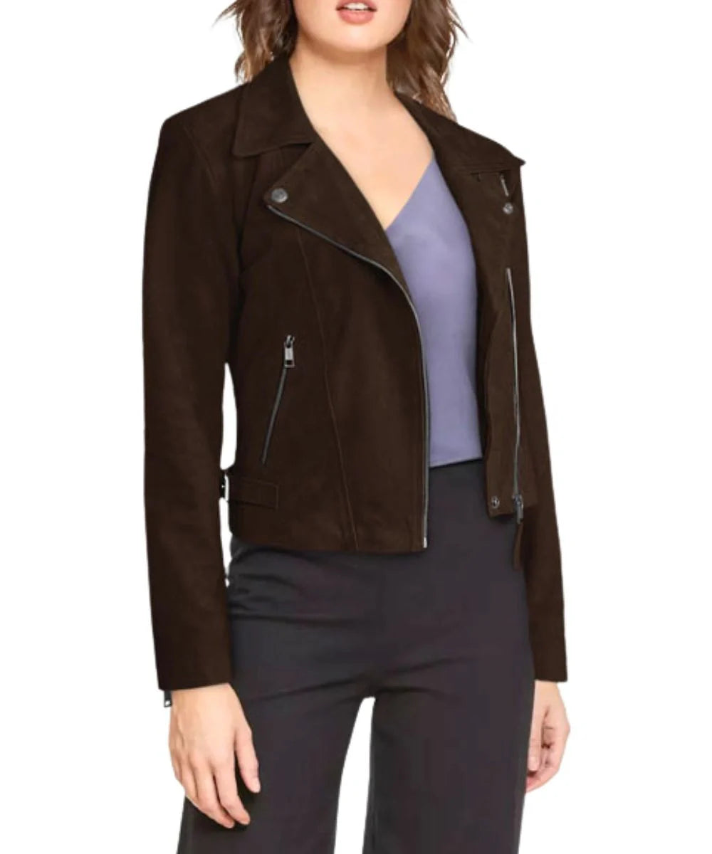Womens Suede Dark Brown Biker Leather Bomber Jacket