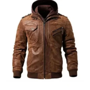 Men Brown Hooded Leather Jacket