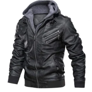 Men's Black Lambskin Leather Jacket with Removable Hood