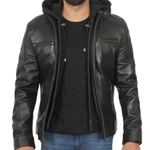 Blount Black Hooded Leather Jacket For Men