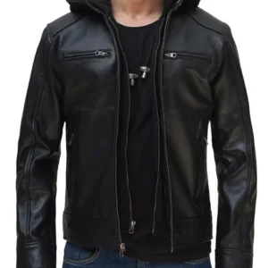 Dodge Black Cafe Racer Leather Jacket with Removable Hood For Men