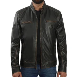 Men's Dodge Vintage Dark Brown Cafe Racer Leather Jacket