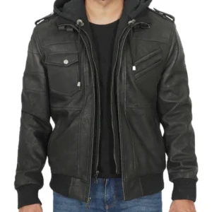 Edinburgh Black Snuff Leather Jacket with Removable Hood For Men