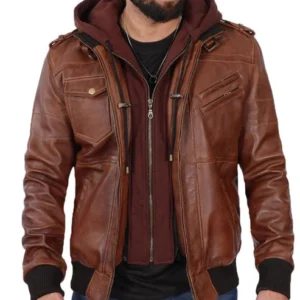 Edinburgh Brown Bomber Leather Jacket With Removable Hood For Men