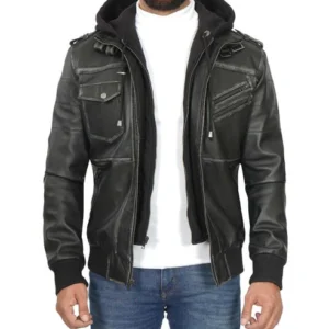 Edinburgh Grey Bomber Leather Jacket With Removable Hood For Men