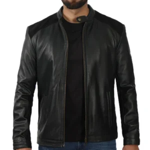 Edmund Black Leather Jacket With Suede Detailing For Men