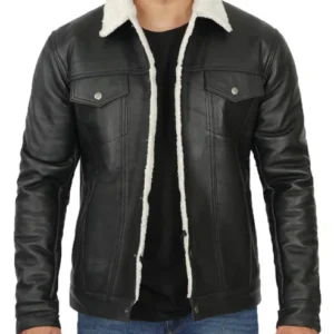 Men's Fernando Black Shearling Lined Trucker Leather Jacket