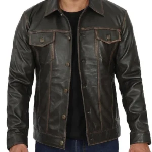 Men's Fernando Dark Brown Trucker Leather Jacket