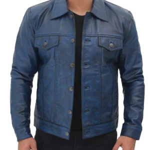 Men's Fernando Distressed Blue Trucker Leather Jacket