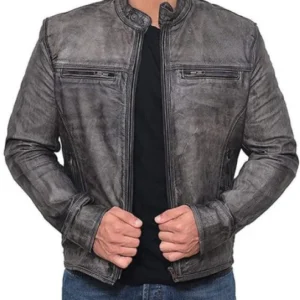 Men's Garcia Grey Distressed Motorcycle Leather Jacket