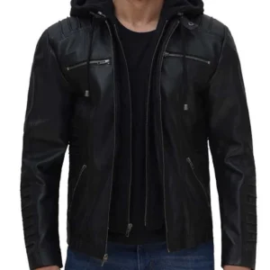 Men's Helen Black Leather Jacket with Removable Hood