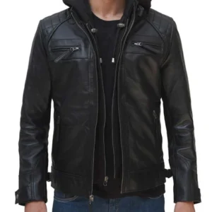 Men's Johnson Black Leather Jacket With Removable Hood