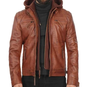 Men's Johnson Brown Leather Jacket With Removable Hood