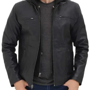 Men's Jonathan Black Leather Jacket with Removable Hood