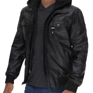 Men's Black Bomber Leather Jacket With Removable Hood