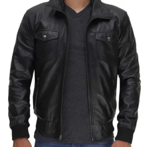 Genuine Men's Black Bomber Leather Jacket With Removable Hood