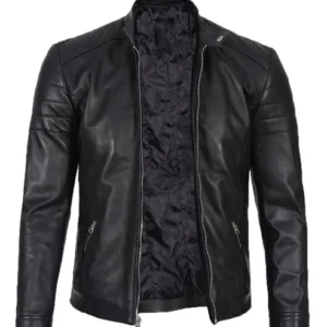 Black Cafe Racer Leather Jacket With Snap Button Collar For Men