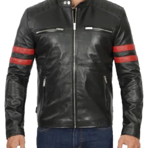 Black Quilted Red Stripe Cafe Racer Leather Motorcycle Jacket