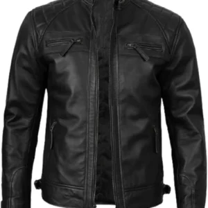 Quilted Shoulder Black Cafe Racer Leather Jacket For Men