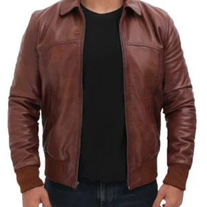 Tan Distressed Bomber Leather Jacket