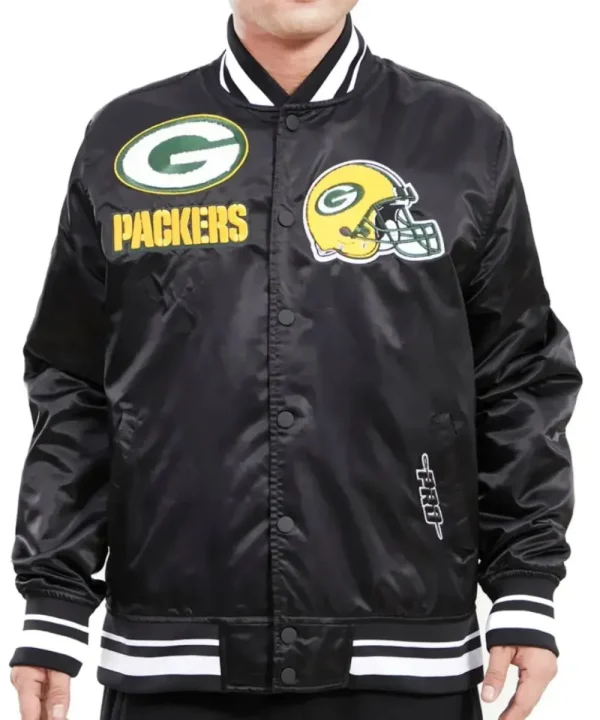 Green Bay Packers Rib Satin Black Varsity Jacket