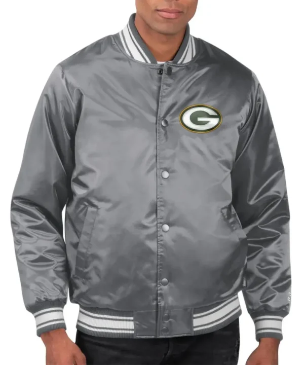 Green Bay Packers Satin Gray Varsity Jacket