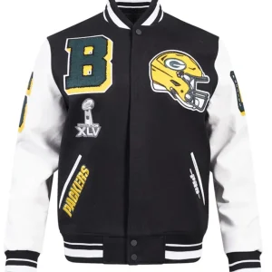 Green Bay Packers Wool & Leather Black Varsity Jacket