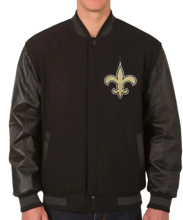 New Orleans Black Wool & Leather Varsity Jacket