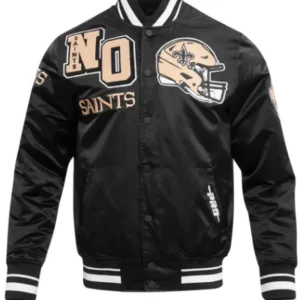 New Orleans Full-Snap Satin Black Varsity Jacket