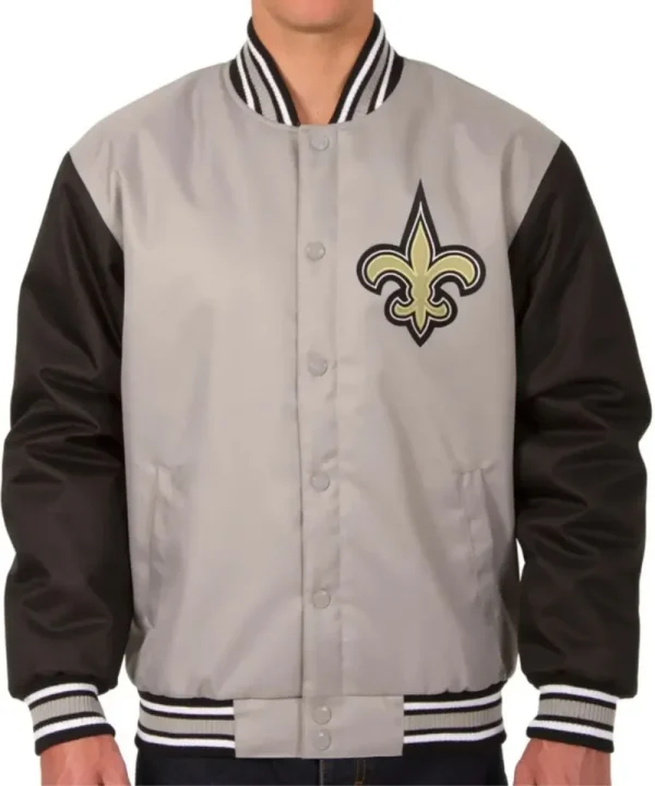 New Orleans Gray & Black Satin Varsity Jacket