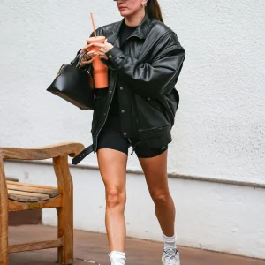 Hailey Bieber Oversized Leather Jacket