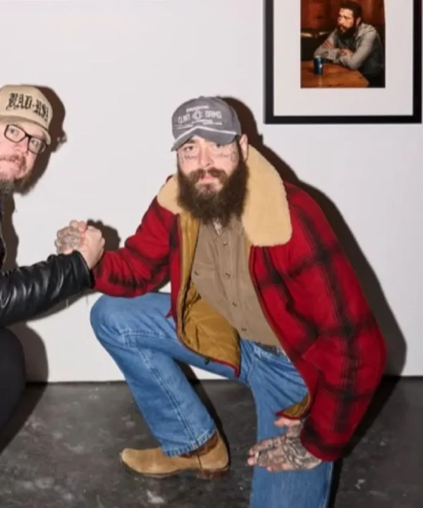 Post Malone Red Shearling Plaid Wool Jacket